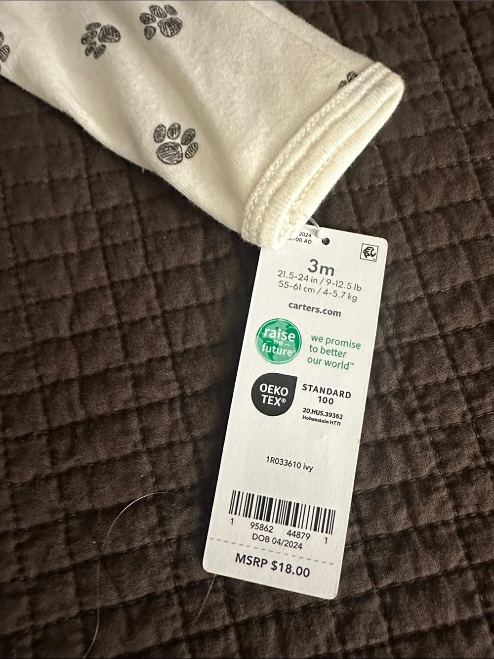 Carter's Cream Footed One-Piece with brown Paw Prints and Cat Patch